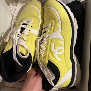 CHANEL Yellow & White Lace-Up Low-Top Sneakers
